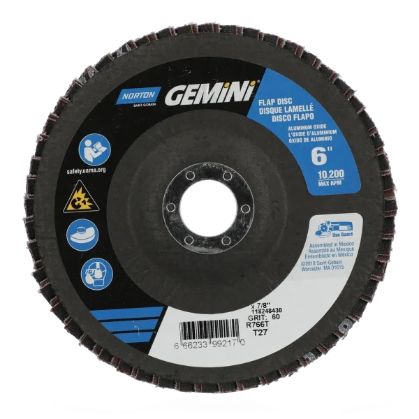 Norton 6 x 7/8 In. Gemini Fiberglass Flap Disc T27 P60 Grit R766 ZA 10 Count