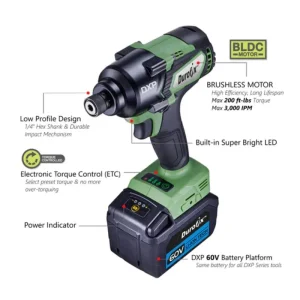 Durofix 60V series Cordless BRUSHLESS 1/4in Impact Driver, 3-Stage Torque Control, Max. 200 ft-lbs,