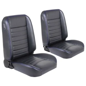 TMI Cruiser Classic Bucket Seats Madrid Grain Black Vinyl Blue Stitch 47-9250-2295-BS