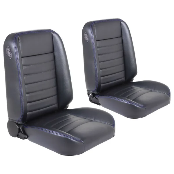 TMI Cruiser Classic Bucket Seats Madrid Grain Black Vinyl Blue Stitch 47-9250-2295-BS