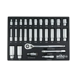 Wiha 28 Piece 1/2in. Drive Professional Standard and Deep Socket Tray Set – SAE 33896