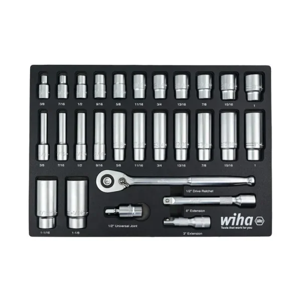 Wiha 28 Piece 1/2in. Drive Professional Standard and Deep Socket Tray Set – SAE 33896
