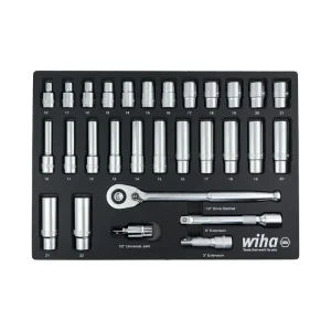 Wiha 29 Piece 1/2in. Drive Professional Standard and Deep Socket Tray Set – Metric 33895