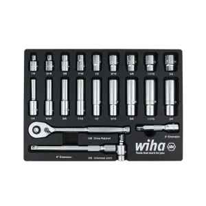 Wiha 22 Piece 3/8in. Drive Professional Standard and Deep Socket Tray Set – SAE 33796