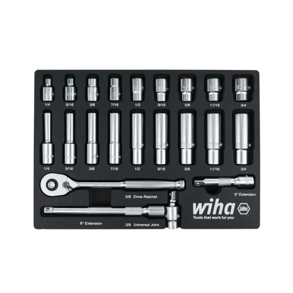 Wiha 22 Piece 3/8in. Drive Professional Standard and Deep Socket Tray Set – SAE 33796