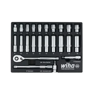 Wiha 24 Piece 3/8in. Drive Professional Standard and Deep Socket Tray Set – Metric 33795