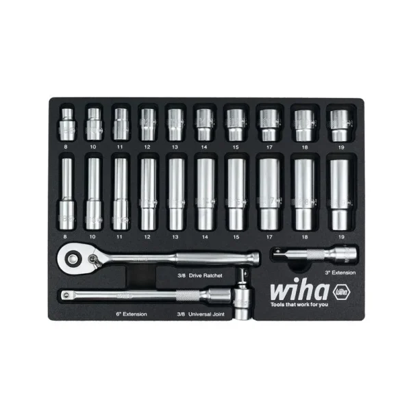 Wiha 24 Piece 3/8in. Drive Professional Standard and Deep Socket Tray Set – Metric 33795