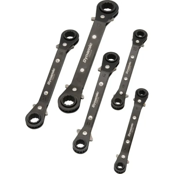 Dynamic Tools 5 Piece Metric Double Box End, Reversible Ratcheting Wrench Set, 25 Degree Offset D081