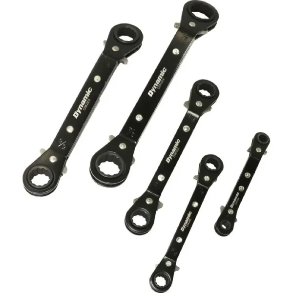 Dynamic Tools 5 Piece SAE Double Box End, Reversible Ratcheting Wrench Set, 25 Degree Offset D081201