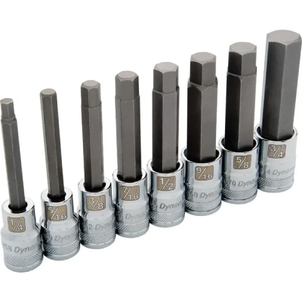 Dynamic Tools 1/2in Drive 8 Piece Long SAE, Hex Socket Set, 1/4in – 3/4in D018019