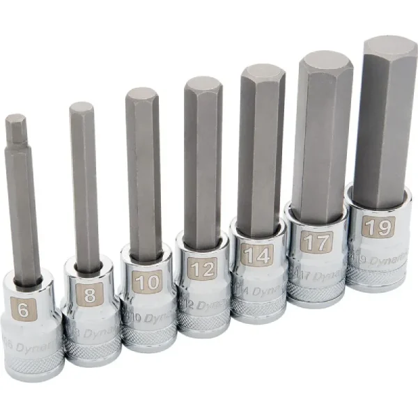 Dynamic Tools 1/2in Drive 7 Piece, Metric Long, Hex Socket Set, 6mm – 19mm D018015