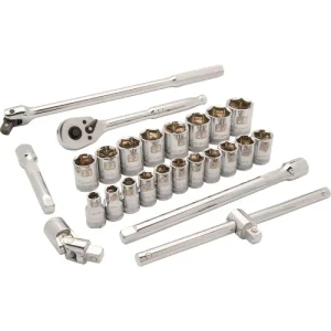 Dynamic Tools 1/2in Drive 25 Piece 6 Point Standard, Metric Socket Set, 10mm – 28mm D018009