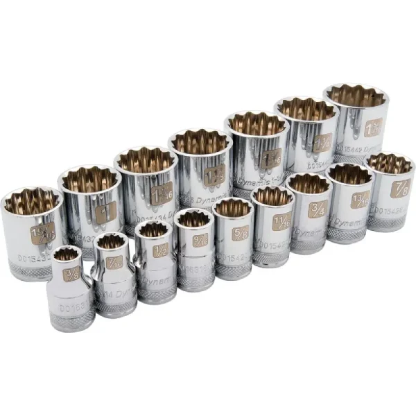 Dynamic Tools 1/2in Drive 16 Piece 12 Point Standard, SAE Socket Set, 3/8in – 1-5/16in D018002