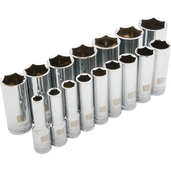 Dynamic Tools 1/2in Drive 16 Piece 6 Point Deep, SAE Socket Set, 3/8in – 1-5/16in D018001