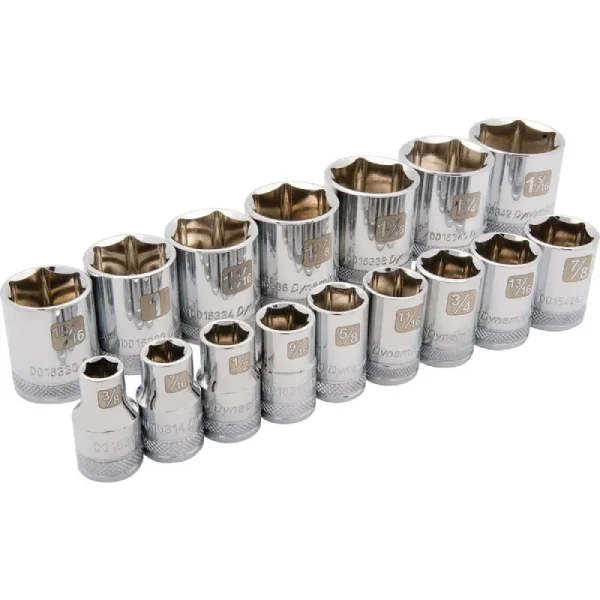 Dynamic Tools 1/2in Drive 16 Piece 6 Point Standard, SAE Socket Set, 3/8in – 1-5/16in D018000