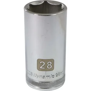Dynamic Tools 1/2in Drive 6 Point Metric, 28mm Deep Length, Chrome Finish Socket D016228
