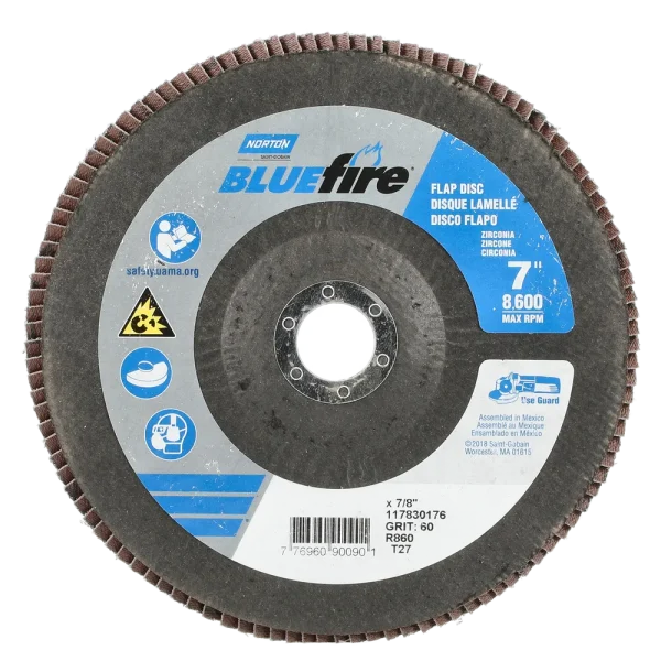 Norton 7 x 7/8 In. BlueFire Fiberglass HD Flat Flap Disc T27 P60 Grit R884P1 ZA 10 Count