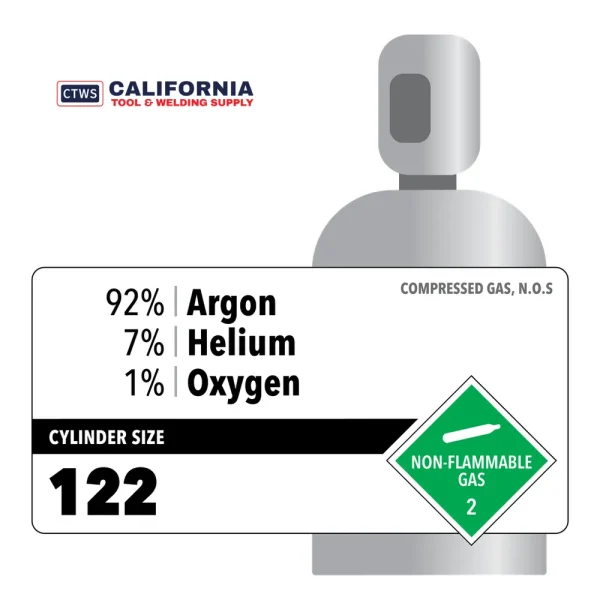 92% Argon, 7% Helium, 1% Oxygen, 122, Industrial, 130 ft3, Varied (V), CGA 580