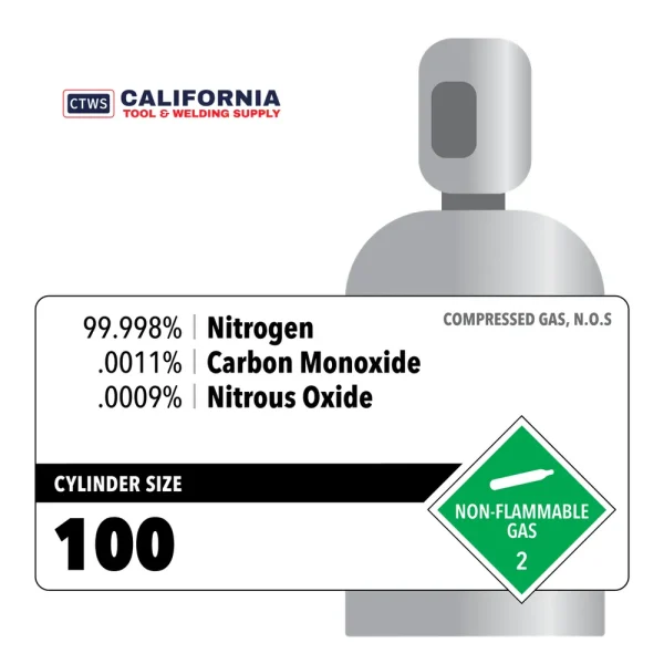 99.998% Nitrogen, .0011% Carbon Monoxide, .0009% Nitrous Oxide, 100, Certified Standard, 150 ft3, Aluminum (A), CGA 590