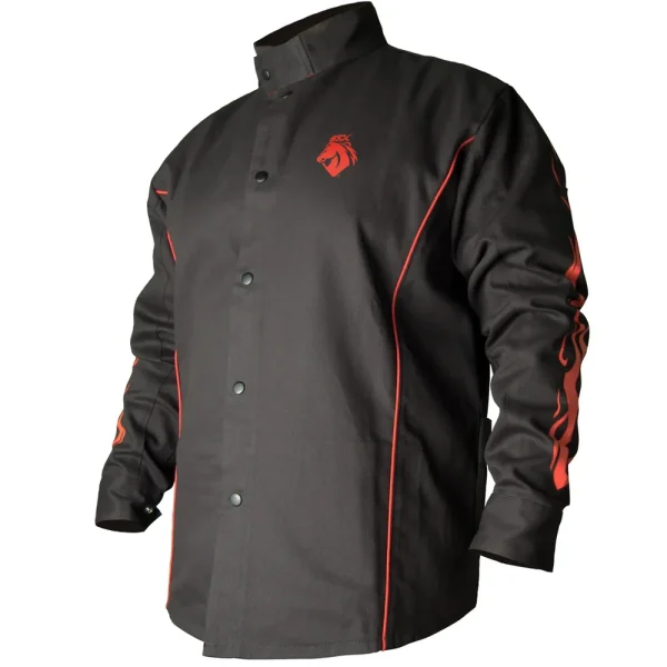 Black Stallion 60-8001-MD BSX® Contoured FR Cotton Welding Jacket, Black with Red Flames, MEDIUM