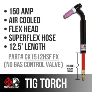 CK Worldwide TIG Torch #17 – 3 Series Flex Head (Gas Cooled) (CK1512HSF FX) w/ 12.5′ Super Flex Hose