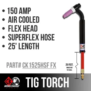 * CK Worldwide | TIG Torch #17 – 3 Series Flex Head (Gas Cooled) (CK17-25RSF-M16F) W/ 25ft. Super Flex Cable + M16 Fitting