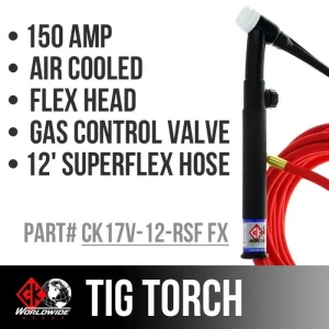 CK Worldwide TIG Torch – #17 Style W/ Gas control valve – (CK17V-12-RSF FX) W/ 12.5ft Super Flex cable