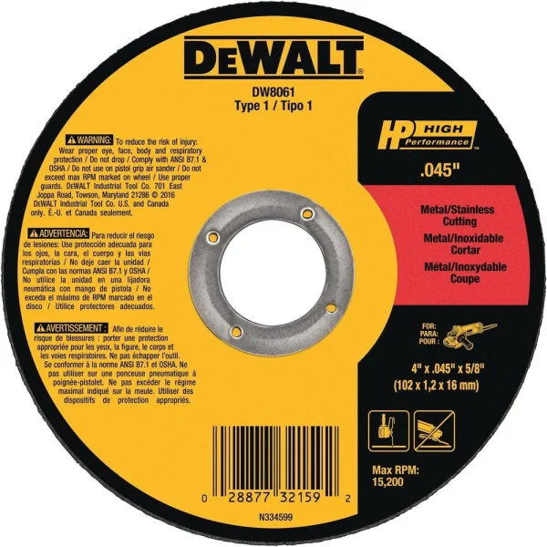 Dewalt Metal cut-off wheel – Type 1 – 4-1/2″x.045″x7/8″ 25/bx – DW8062