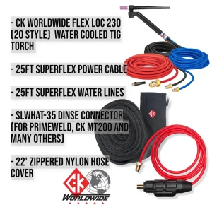 CK Worldwide FL230 Flex Loc Water Cooled Tig Torch Bundle W/ 25ft Superflex cable, SLWHAT-35 Dinse Connector, Zippered Nylon Hose Cover
