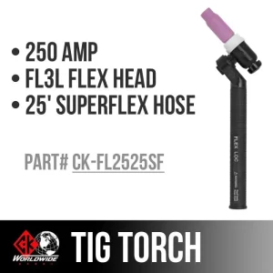 CK Worldwide TIG Torch FL250 – Water Cooled 3 Series (CK-FL2525SF) W/ 25ft. Super Flex Cable