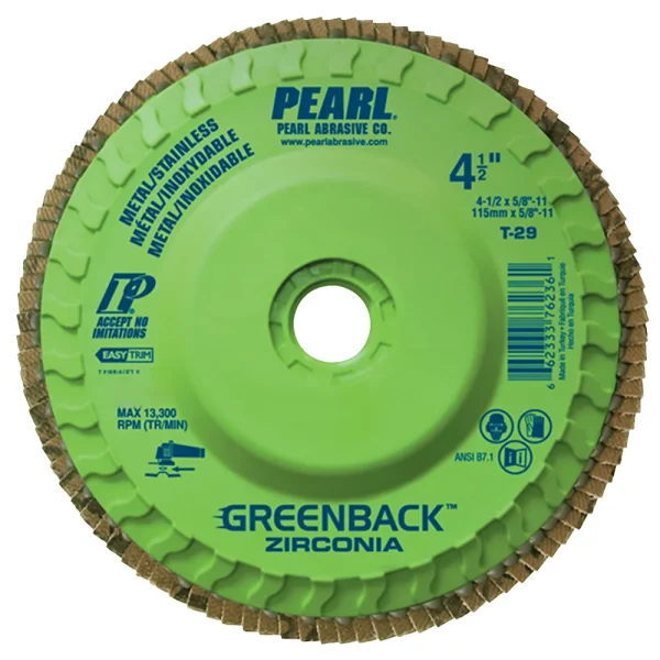 Pearl Abrasive MAX4540ZGQ Greenback™ Zirconia Maxidisc™ Trimmable with 5/-11 QUICKMOUNT – 4-1/2X5/8-11 Z40 QUICKMOUNT GREENBACK PLASTIC, 10/BOX