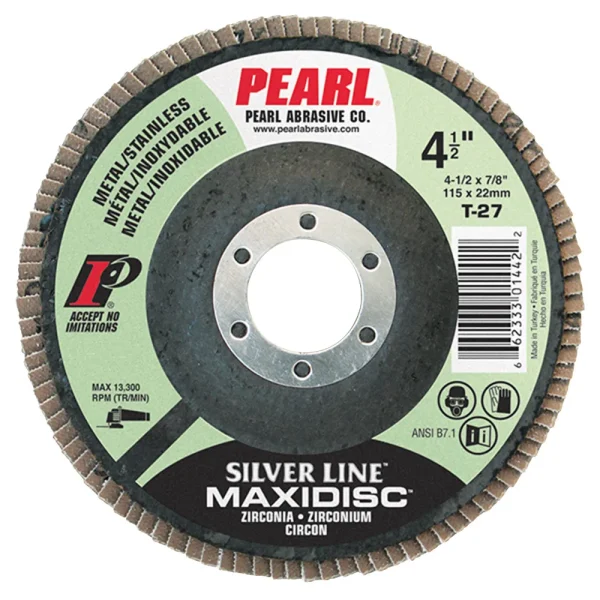 Pearl Abrasive MX454Z9T 4-1/2″ x 7/8″ Silver Line™ Zirconia Maxidisc™ Flap Discs for Metal/Stainless Steel, Type 29 Shape Z40 FOR METAL ** SILVER LINE ** BOX OF 10