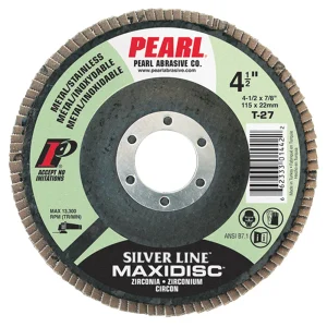 Pearl Abrasive MX458Z9T 4-1/2″ x 7/8″ Silver Line™ Zirconia Maxidisc™ Flap Discs for Metal/Stainless Steel, Type 29 Shape Z80 FOR METAL ** SILVER LINE ** BOX OF 10