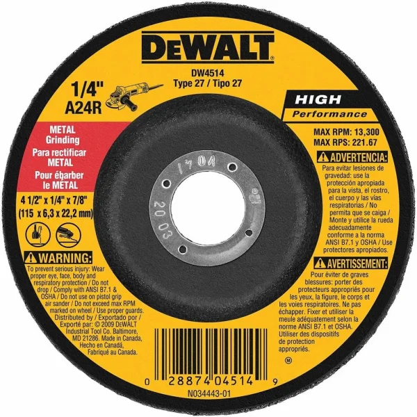 Dewalt Type 27 HP Metal Grinding Wheels, 4.5″ x 7/8″, 25/pk – DW4514