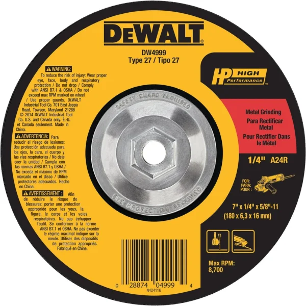 Dewalt HP Metal Type 27 Grinding Wheels, 7″ x 1/4″ x 5/8-11″, 10/pk – DW4999