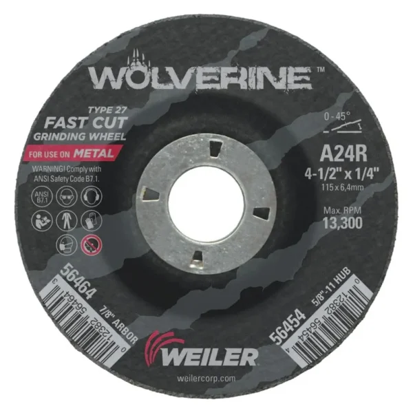 Weiler Wolverine Grinding Wheel, 4.5″ x 1/4″ x 7/8″, Type 27 -box of 10 – 56464