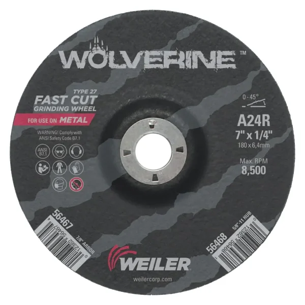 Weiler Wolverine Grinding Wheel, 7″ x 1/4″ x 7/8″, Type 27 10pk – 56467