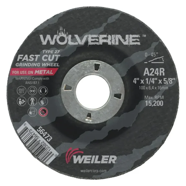 Weiler Wolverine Grinding Wheel, 4″ x 1/4″ x 5/8″, Type 27, 10/pk – 56473