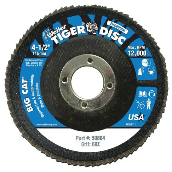 Weiler 50804 Big Cat 4-1/2″ 60GR Premium High Density Flap Disc for Steel & Stainless (2/pack)