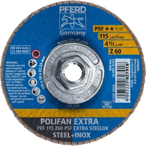 Pferd 4-1/2″ x 5/8-11 Thd. POLIFAN® Flap Disc, Z PSF EXTRA STEELOX, Zirconia, 60 Grit, Flat (60488) – Box of 10