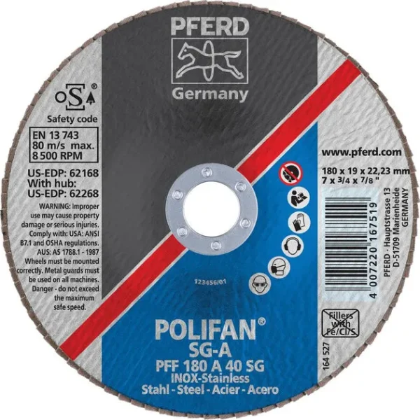Pferd 62168 Polifan SG A 7″x7/8″ Flap Disc 40GR – Package of 10
