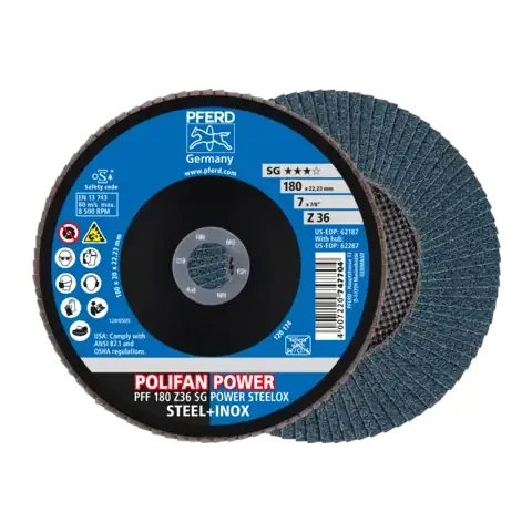 PFERD Flap Disc 7″ x 7/8 Z SG POWER STEELOX 36 Grit Zirconia – 10-Pack (EDP 62187)