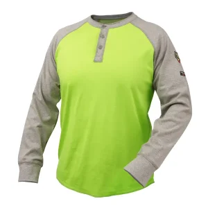 Revco Black Stallion 7 Oz Flame-Resistant Cotton Henry Style T-Shirt – NFPA 2112, NFPA 70E (Lime/Gray) #TF2520-GL
