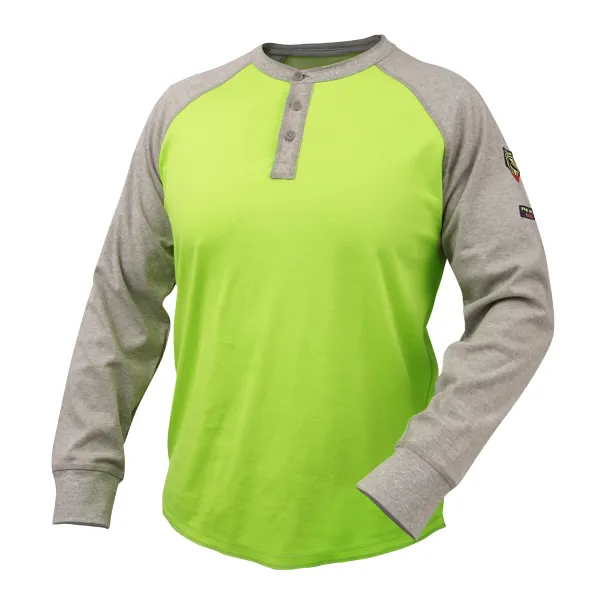 Revco Black Stallion 7 Oz Flame-Resistant Cotton Henry Style T-Shirt – NFPA 2112, NFPA 70E (Lime/Gray) #TF2520-GL