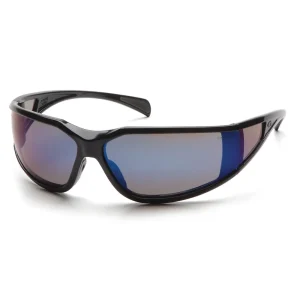Pyramex SB5175DT Exeter Glossy Black Safety Glasses W/ Blue Mirror Anti-Fog Lens (12 each)