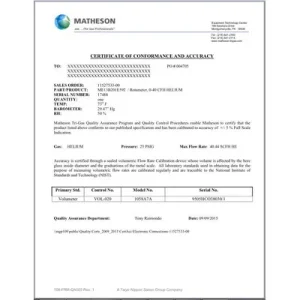 Calibration Certificate for FM-1000/1050 Direct Read Scale Rotameter