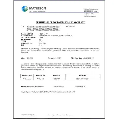 Calibration Certificate for FM-1000/1050 Direct Read Scale Rotameter