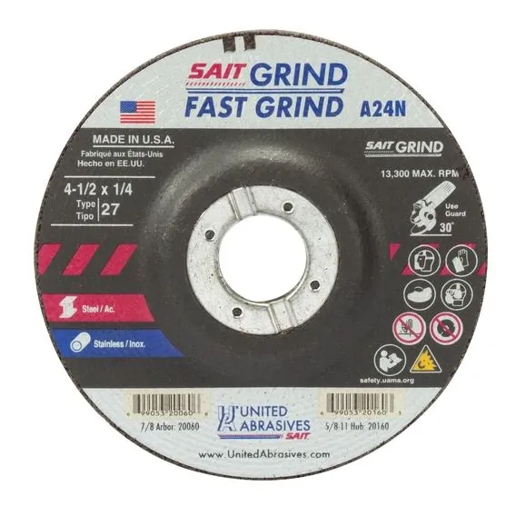 SAIT 4-1/2×1/4×7/8 A24N Fast Grinding Metal/Stainless No Hub Type 27 Grinding Wheels #20060