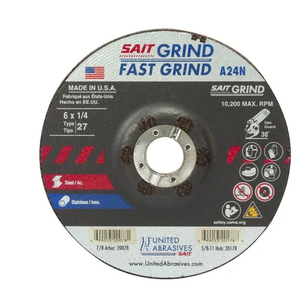 SAIT 6×1/4×7/8 A24N Fast Grinding Metal/Stainless No Hub Type 27 Grinding Wheels #20078