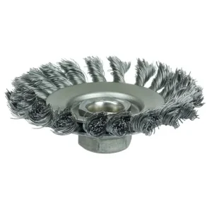 Weiler Knot Wire Bevel Brush 4″, .020″ Steel Fill, 5/8″-11 UNC Nut 13426